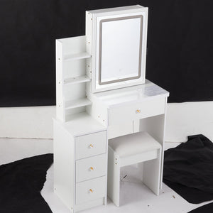 English Elm 29.2" Compact Vanity Set With Touch-Control Led Mirror, Stylish Stool & Ample Storage For Small Spaces W936P226033