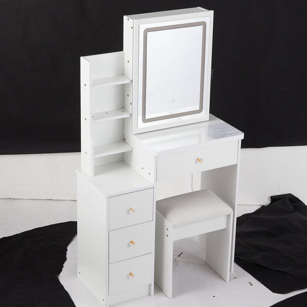 English Elm 29.2" Compact Vanity Set With Touch-Control Led Mirror, Stylish Stool & Ample Storage For Small Spaces W936P226033