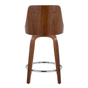 English Elm Gianna Mid-Century Counter Stool Set of 2 — 24" Swivel Faux Leather Seats, Walnut Wood & Chrome Footrest B202S00063