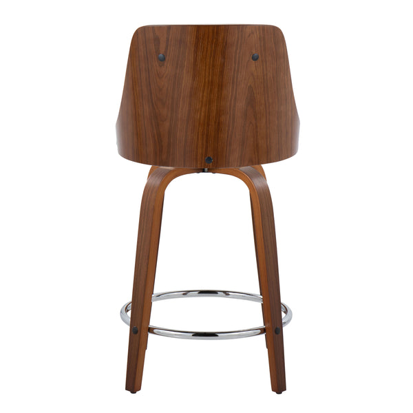 English Elm Gianna Mid-Century Counter Stool Set of 2 — 24" Swivel Faux Leather Seats, Walnut Wood & Chrome Footrest B202S00063