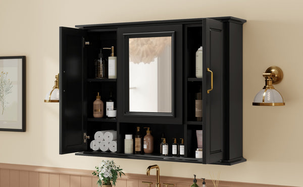 English Elm 36" Freestanding Single Sink Bathroom Vanity Rubberwood Cabinet with Matching Mirror Black N725S314034B