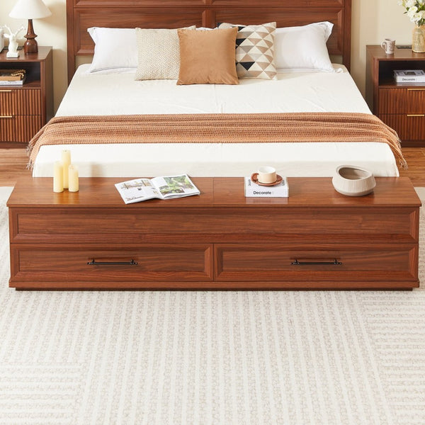 English Elm Queen Storage Bed with Geometric 3d Headboard Four Drawers and Walnut Finish W1820S00056
