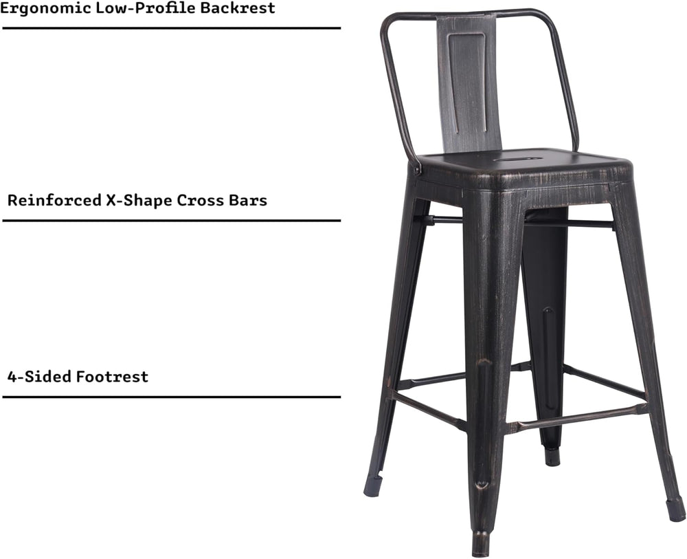 English Elm 24" Sanded Matte Black Industrial Metal Barstools Set of 4 with Bucket Back, 24" Seat, Lightweight Durable Design B347P349309