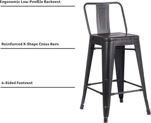 English Elm 24" Sanded Matte Black Industrial Metal Barstools Set of 4 with Bucket Back, 24" Seat, Lightweight Durable Design B347P349309