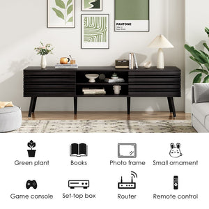 English Elm Mid Century Modern Fluted Wood Media Console with Storage Cabinets for Living Room Dark Walnut T3623P435375