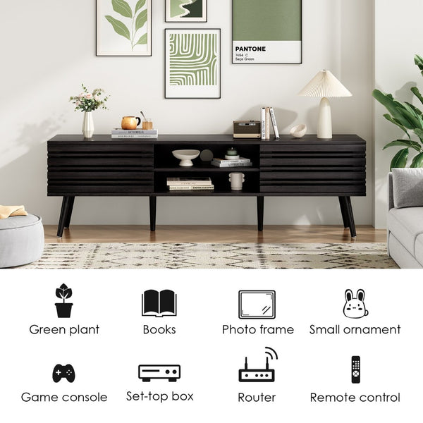 English Elm Mid Century Modern Fluted Wood Media Console with Storage Cabinets for Living Room Dark Walnut T3623P435375