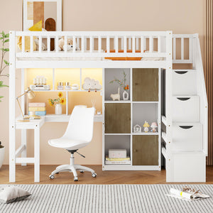English Elm Wood Twin Loft Bed with Built-In L-Desk, LED Lighting, Staircase Storage, Shelves & Cabinets White N7090000470K