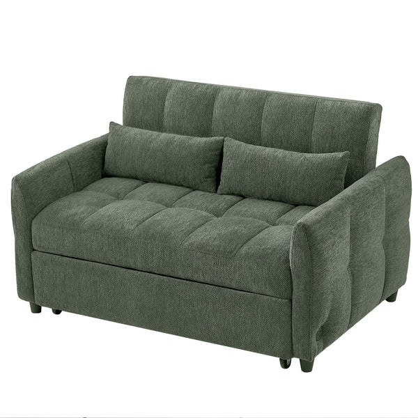 English Elm 52.8" Loveseat Sofa Pull-Out Bed with Adjustable Backrest, Tufted Chenille, 3 USB Ports & Pillows Green N719S001710F