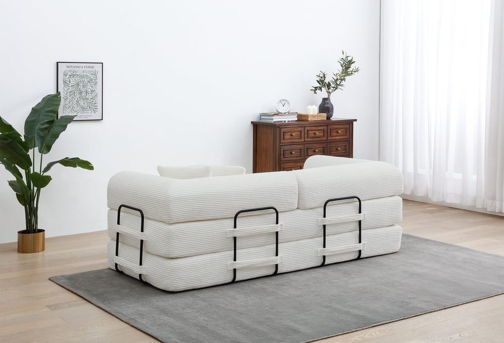 English Elm Convertible 3-Seat Sleeper Sofa Bed Corduroy Folding Floor Couch with Cylindrical Pillow, Plush Support White W3199P309396