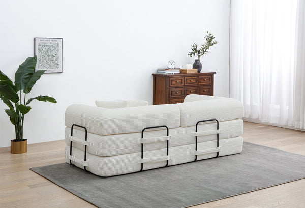 English Elm Convertible 3-Seat Sleeper Sofa Bed Corduroy Folding Floor Couch with Cylindrical Pillow, Plush Support White W3199P309396