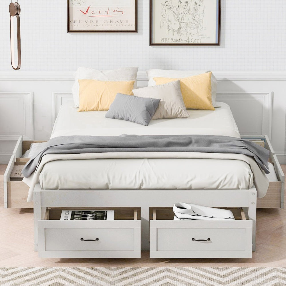 English Elm Full Platform Bed Six Built in Storage Drawers Low Profile Contemporary Frame Antique White N708P263021K-1