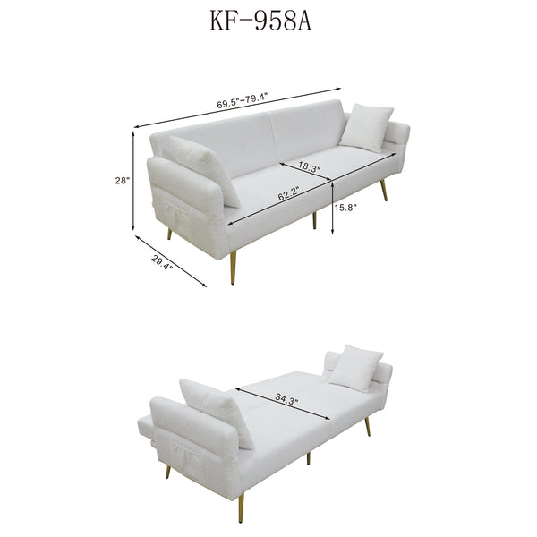 English Elm Modern Teddy Upholstered Loveseat Sofa Bed with Side Pocket, Adjustable Back & Gold Legs, Dark Blue W1117P303450