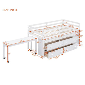 English Elm Twin Loft Bed Pinewood Frame Four Drawers Retractable Study Desk Kids Bedroom White LT000368AAK