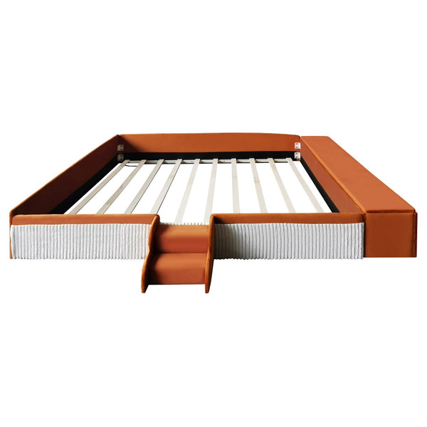 English Elm King Velvet Kids Platform Bed with Padded Guardrails Staircase and Storage Ottoman Brown+White SF000204AAD
