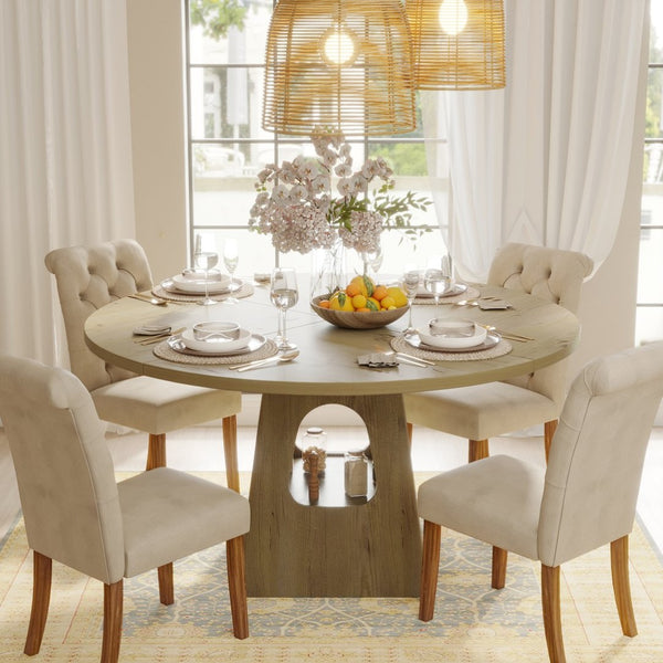 English Elm Round Farmhouse Dining Table 47 Inch Wooden Top with Lower Storage Shelf Seats Six Natural W757P367148
