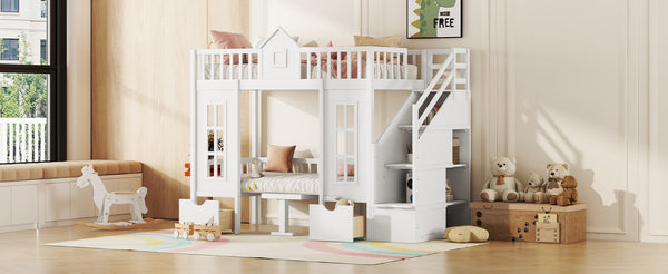 English Elm Twin-over-twin Bunk Bed Convertible Lower Desk Solid Pine Kids Bedroom Space Saver White LT000681AAK-1