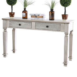 English Elm Transitional Round Coffee Table with Wire-Brushed Frame, Button-Tufted Padded Seat and Open Shelf, Rustic Finish Antique White 56 L x 30 W x 9 H B2741P362578