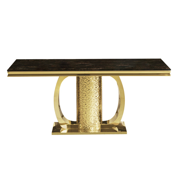 English Elm Gold Stainless Steel Dining Table With Sleek Black Tempered Glass Top - Modern Elegance & Durability W2723S00046