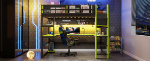 English Elm Twin Loft Bed with Rgb Lighting Usb Ports Wraparound Shelves and Gaming Desk Green LT000298AAF