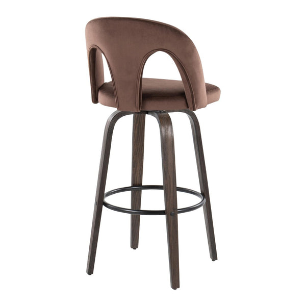 English Elm Fixed-height Swivel Barstools Walnut Bentwood and Velvet Upholstered Seats Set of 2 B202S01886