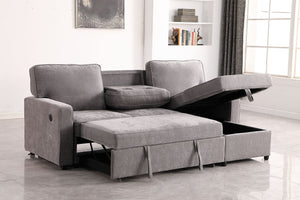 English Elm Upholstery Grey Sectional Sofa Bed with Storage Chaise, Built-in USB, Cup Holders, Chenille Comfort W1099S00151