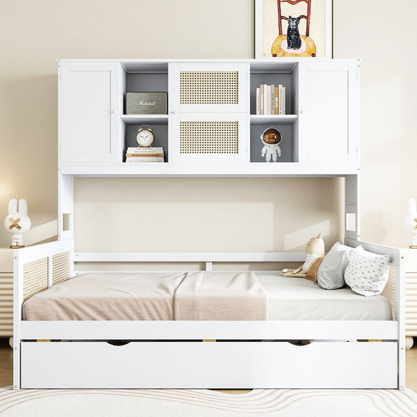 English Elm Full Wooden Daybed With Twin Trundle & Versatile Cabinet Shelf - Space-Saving Comfort In White N820S00049K