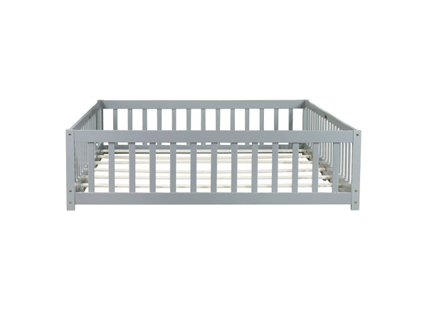 English Elm Queen Floor Bed with Safety Fence and Guardrails, Rubberwood Low Profile Platform for Kids Grey W504P286386