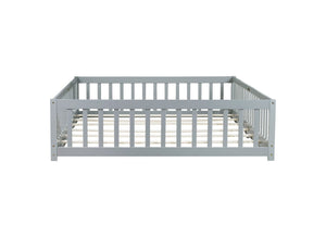 English Elm Queen Rubber Wood Floor Bed with Full Perimeter Safety Fence and Hinged Access Door Grey W504P429339