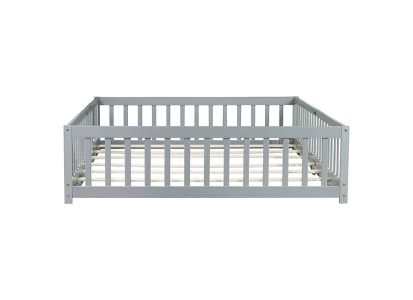English Elm Queen Rubber Wood Floor Bed with Full Perimeter Safety Fence and Hinged Access Door Grey W504P429339