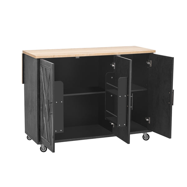 English Elm K&K Farmhouse Kitchen Island with Geometric Twill Doors, ASH Bark Top, Drop Leaf & Lockable Wheels Black N707P221444B