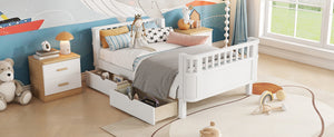 English Elm Twin Solid Wood Platform Bed with Guardrail for Kids, Low-Profile Sturdy Pine Frame, Safe Sleep Solution White 69.69 L x 18.5 W x 7.68 H W2593P331678