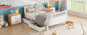 English Elm Twin Kids Platform Bed Solid Pine White Finish with Storage Drawers and Safety Rails W2593P409364