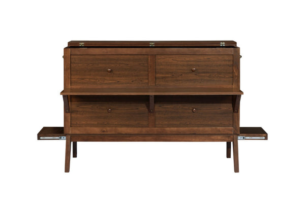 English Elm Queen Murphy Cabinet Bed Solid Pine Build with Usb Charging and Fold Out Desktop Walnut W504S00169
