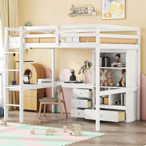 English Elm Full Size Loft Bed With Integrated Desk, Storage Shelves, Drawers & Safe Ladder - Stylish & Space-Saving W504S00161