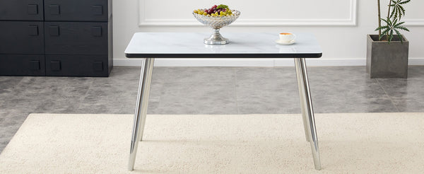 English Elm Modern Marble Look Glass Top Dining Table Slim Silver Legs Seats Six Minimalist W1151S04620