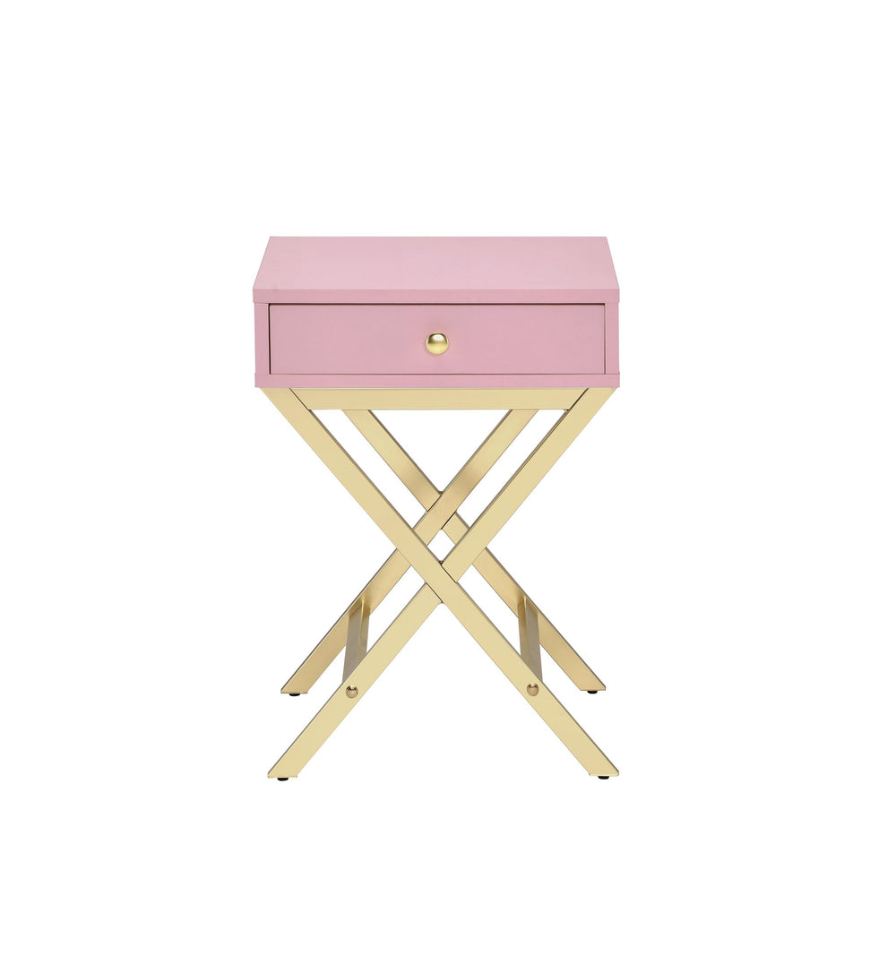 English Elm Coleen Pink & Gold Finish Accent Table with Drawer, Modern Metal X-Base, Durable Compact Side Table B2726P270993