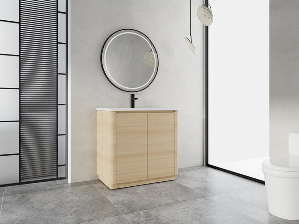 English Elm 36'' Freestanding Bathroom Vanity Plywood Cabinet Ceramic Sink Soft Close Doors W999P351893