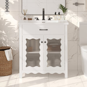 English Elm Christopher Knight Home® - 30 Inches Bathroom Vanity With Tempered Glass Doors, Space-Saving Design, White Rubber Wood Style N817P299499W
