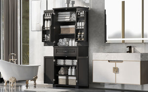 English Elm Bathroom Tall Storage Cabinet with Doors and Drawer, Adjustable Shelf, Anti-Tip Safety, MDF Finish Black N725P210330B