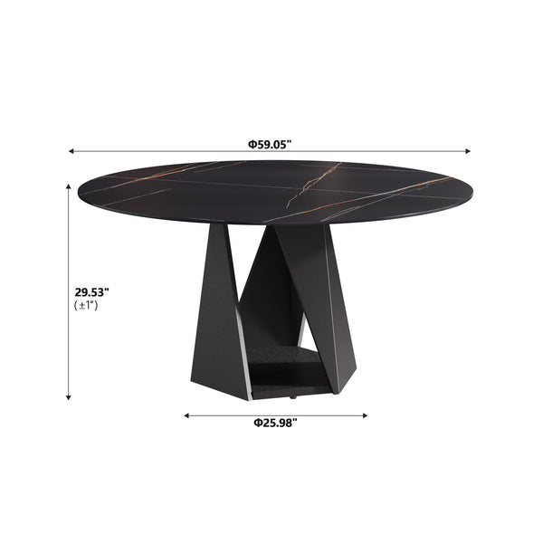 English Elm 59.05" Round Marble Dining Table - Elegant Artificial Marble Top, Black Iron Base For 6-8 Guests W1535S00402