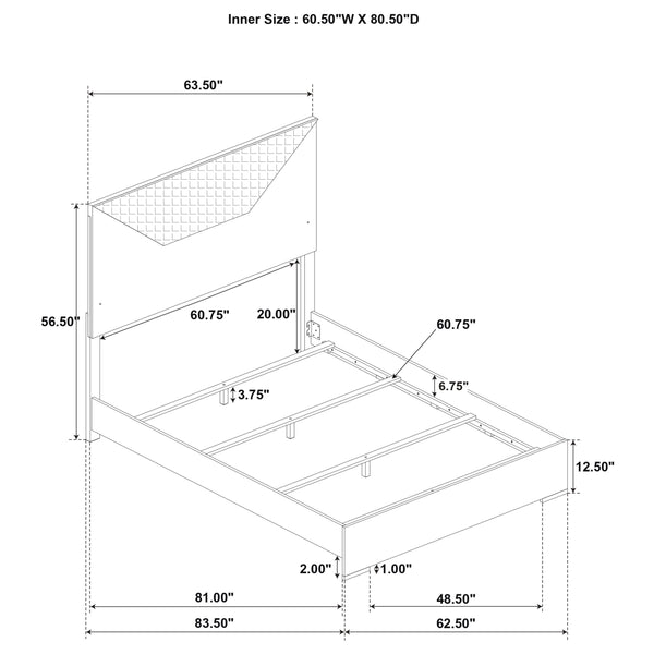 English Elm Pierce Grey High Gloss Queen Bed with Diamond Textured Panel and Touch LED Headboard, Modern Romantic Design B062S01369