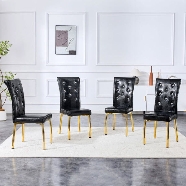 English Elm Set of 4 Glam Faux Leather Dining Chairs with Crystal Buckle and Gold Tone Legs Black+Gold W3226P311061