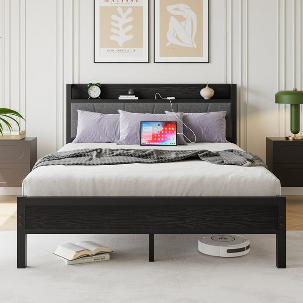 English Elm Queen Upholstered Storage Bed Frame with Charging Station, 11 Metal Slats, No Box Spring Needed W840P195212