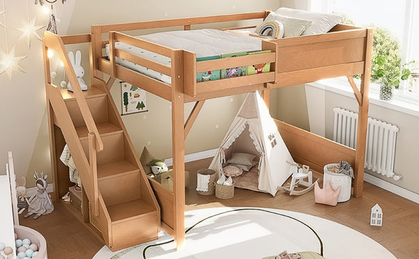 English Elm Twin Low Loft Bed Solid Pine Frame Kids Study Desk Blackboard Storage White Antique Natural W1580S00554