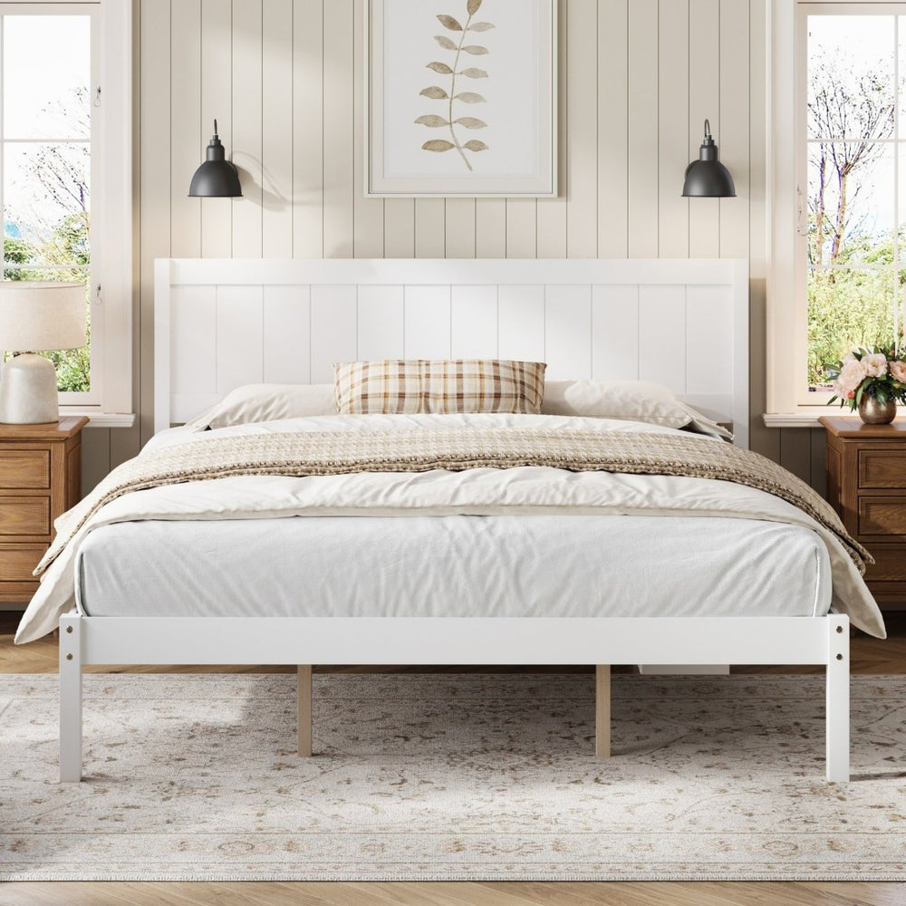 English Elm Platform King Bed Solid Pine Panel Headboard Wood Slat Base Modern Bedroom Frame White N709P425341K