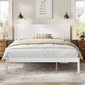 English Elm Platform King Bed Solid Pine Panel Headboard Wood Slat Base Modern Bedroom Frame White N709P425341K