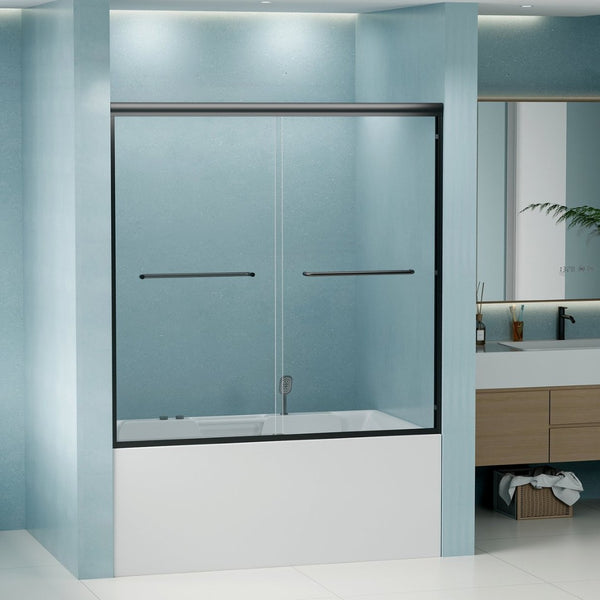 English Elm 56"-60" Semi-frameless Bypass Tub Door Tempered Glass Panels with Spa Style Hardware Matte Black W1573P292498