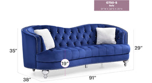 English Elm Jewel Glam Velvet Sofa with Deep Tufting, Nailhead Trim, Painted Legs & Contrasting Pillow — Luxurious Comfort and Durability Blue 30 L x 91 W x 37.5 H B078108408