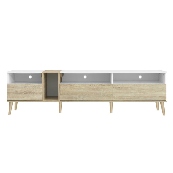 English Elm Modern TV Stand with 3 Drawers & 4 Open Shelves, 80" Media Console White+Wood, Cable Management, P2 Board N710P234108K