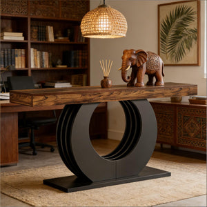 English Elm Practical Geometric Console Table with Matte Black Wood Grain Finish for Entryway or Sofa T3971P458471